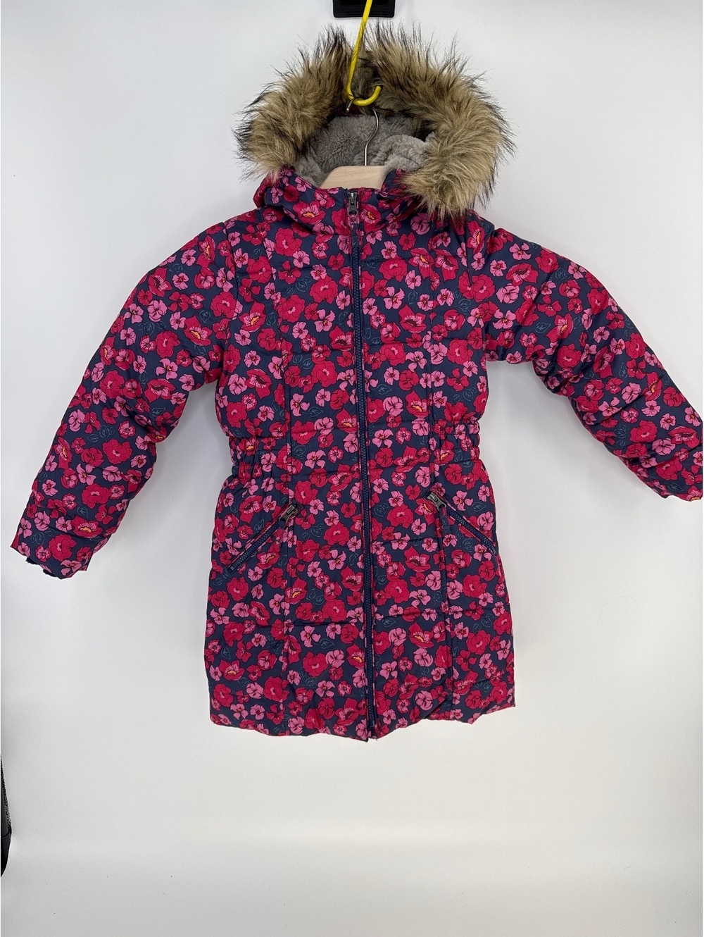 Lands' End Girls' Floral Print Puffer Jacket with Faux Fur Hood - Size S